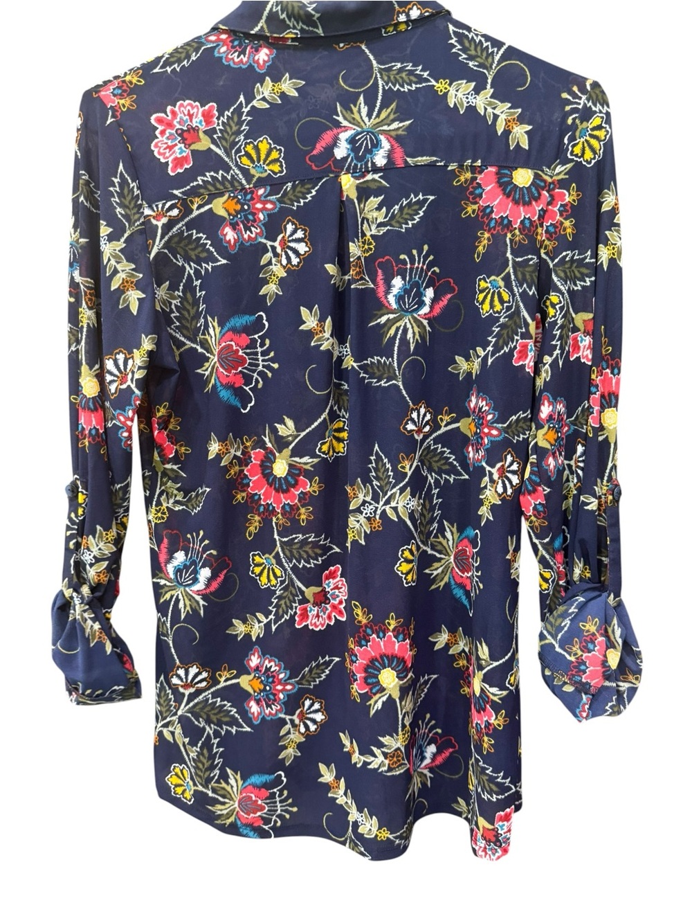 DNA couture Mesh Navy Floral Button-Front Top with Red and Yellow Accents - Picture 2 of 4